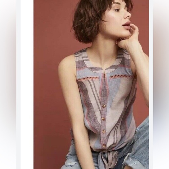 Anthropologie Maeve Linen Striped Tie Front Sleeveless Shirt Sz 2 - Picture 1 of 7